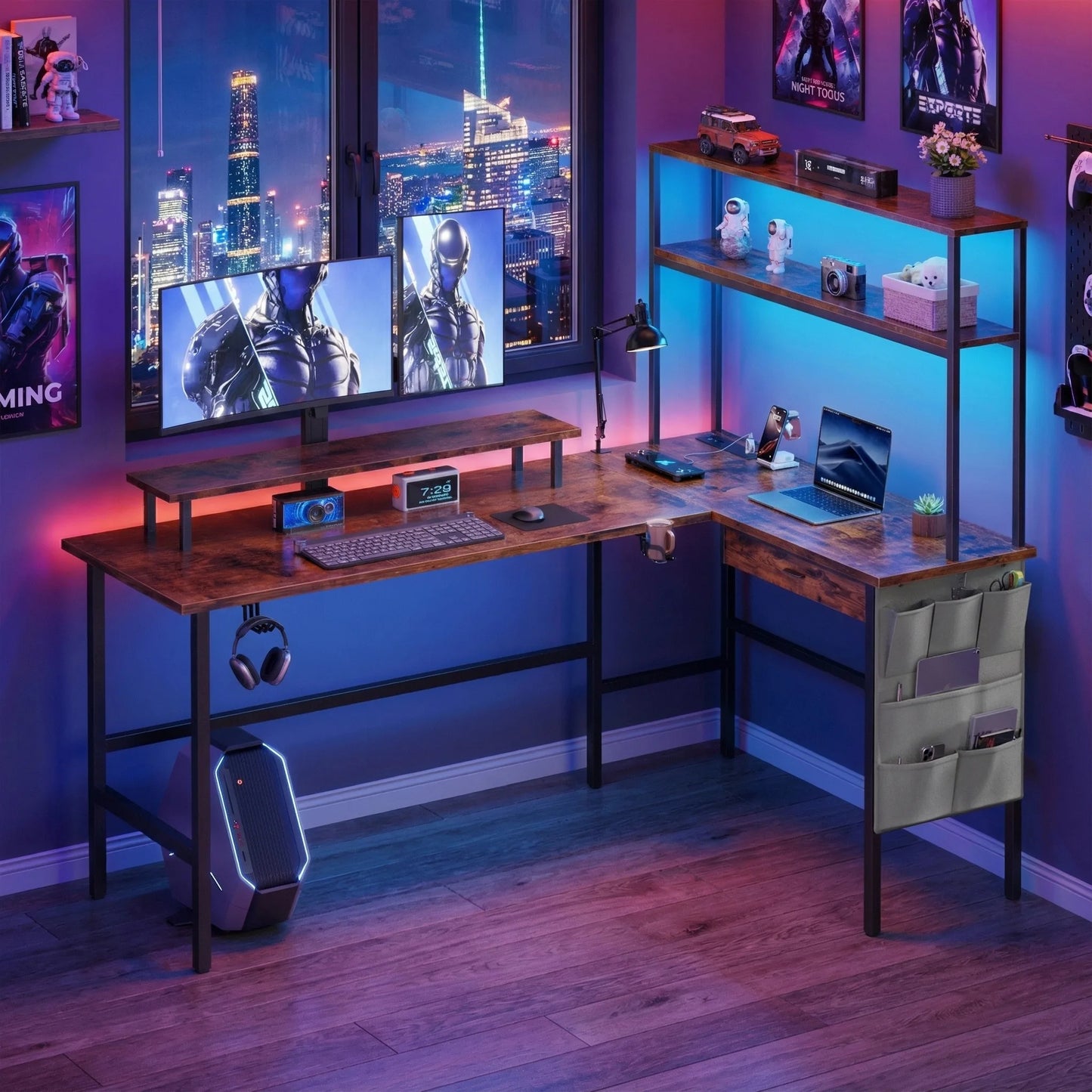 Reversible Computer Desk with LED Lights and Drawer, L Shaped Corner Gaming Desk with Storage Shelves & Bag, Desk Shelf for