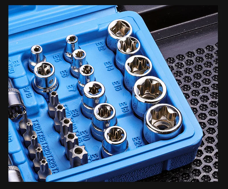 Professional 34pcs Torx Bit Socket & E-Torx Star Socket Set 1/4" 3/8" 1/2" Drive Male Female E-torx Bits Handheld Tool with Case