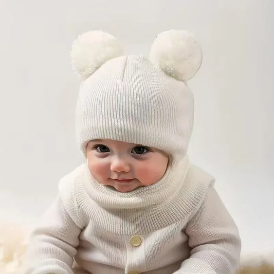 1pc/2pcs Winter children's hooded one-piece hat,equipped with ear and neck protection devices,for warmth.Double ball knitted cap