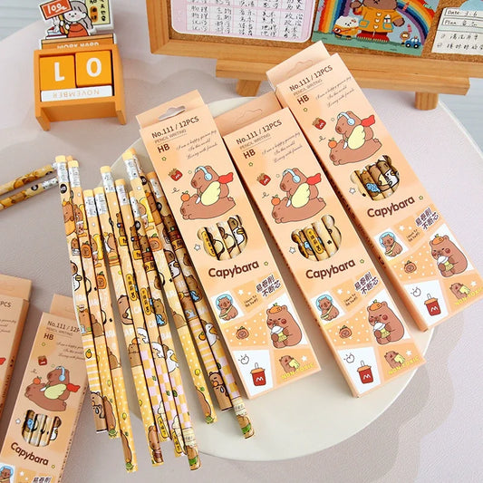 12Pcs/Pack Cartoon Animal Capybara Theme HB Writing Pencils for Kids Birthday Party Favors Back To School Rewards Goodie Bag