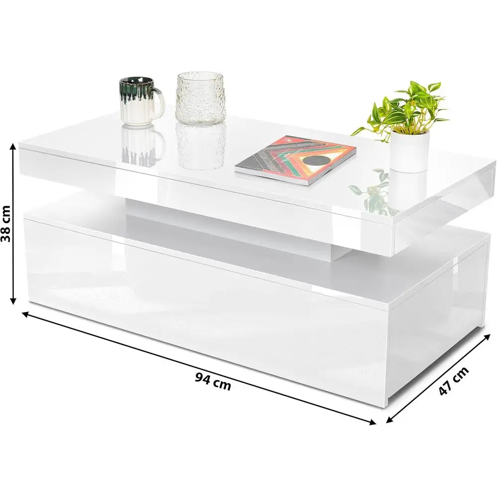Modern White High Gloss Coffee Table with LED RGB Lights, Storage and Sofa Side Functionality for Living Room and Home Office