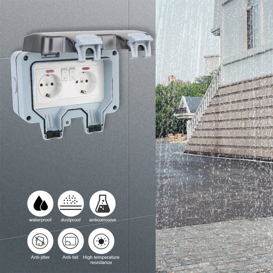 Double EU Socket Power Supply Switch Socket 16A Outdoor Wall Power Socket With USB Charging for Home& Garden IP66 Weatherproof