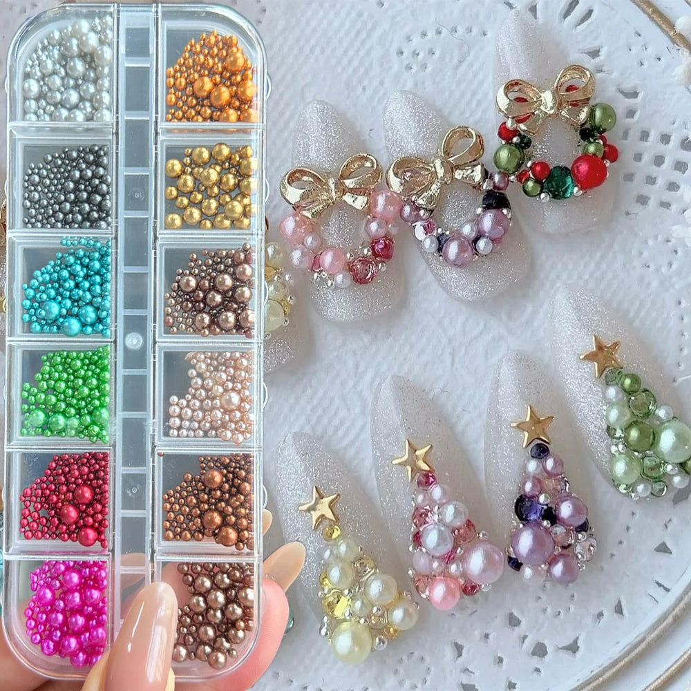 12Grid Shiny Silver Half Round Metal Caviar Bead Nail Rivets Charms 2/3/4/5/6/8mm Flatback Pearl Balls Nail Art Studs Y2k Decora
