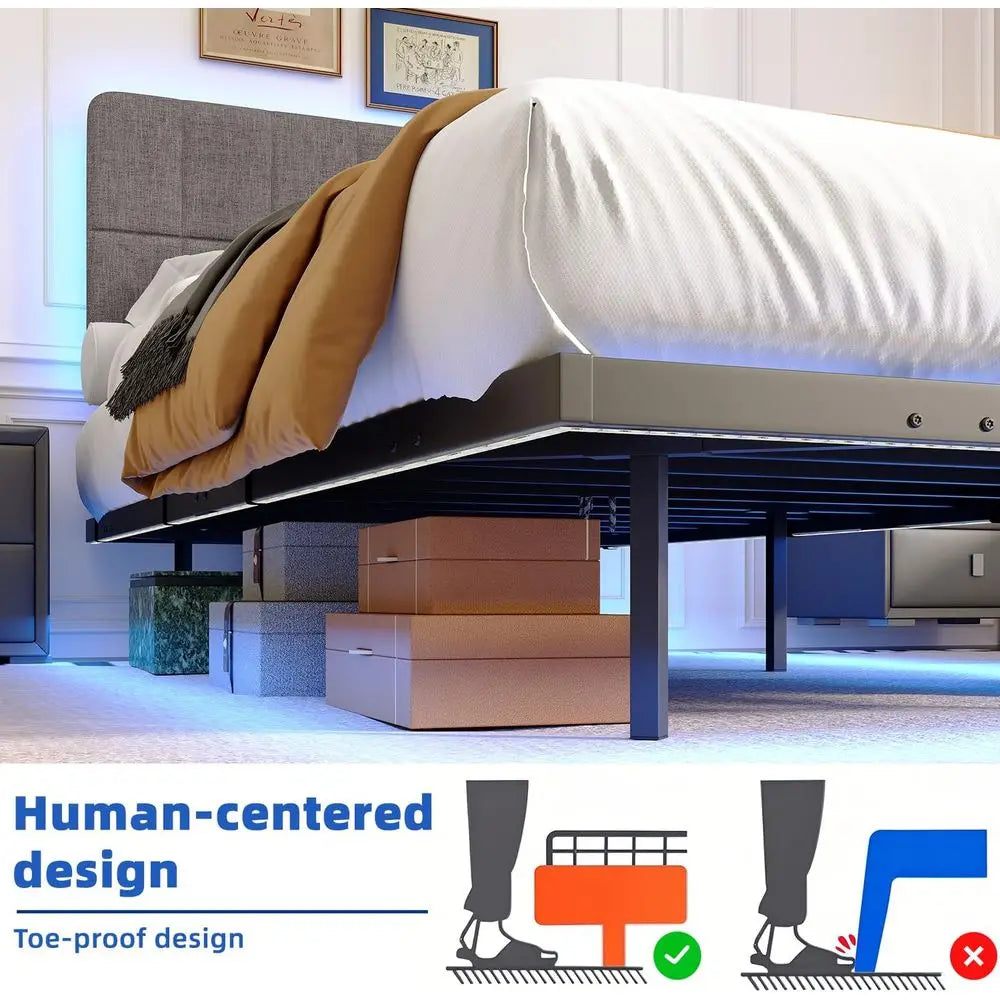 Double Size Metal Platform Bed with Adjustable Upholstered Headboard, 140x200cm, No Box Spring Needed, Slatted Base