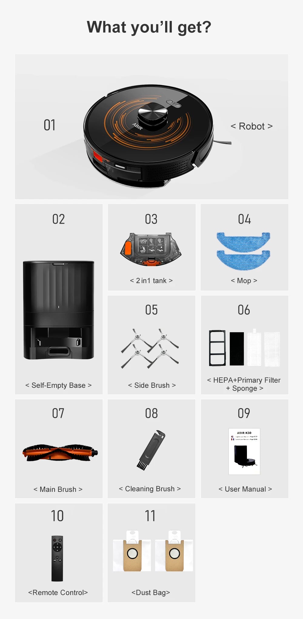ABIR K30 Robot Vacuum Cleaner, Auto-Empty Station, Laser Lidar, 6500PA Suction,Multi-Floor Maping, Smart Home Wet Dry Appliance