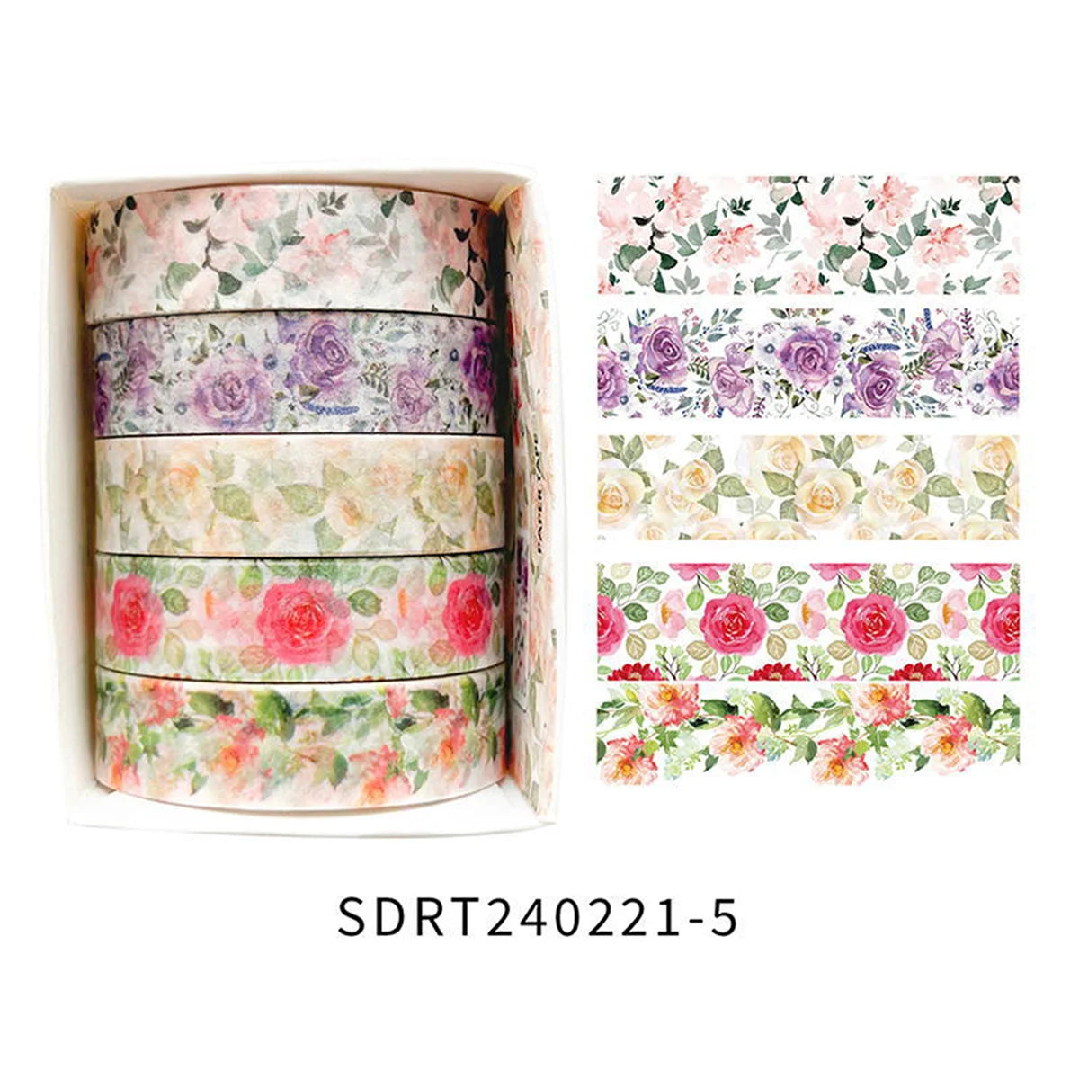 5 rolls of boxed romantic flower handbook tape, cute DIY fresh decorative washi tape for students, a must-have gift for students