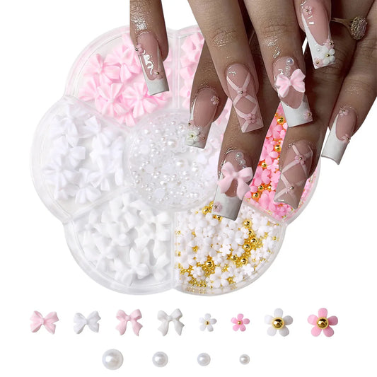 1box 3D Flower Bow Nail Art Decorations Kit Pink/White Acrylic Floral/Peal Beads Nail Charm with Wax Pen/Tweezer 4/6mm Nail Part