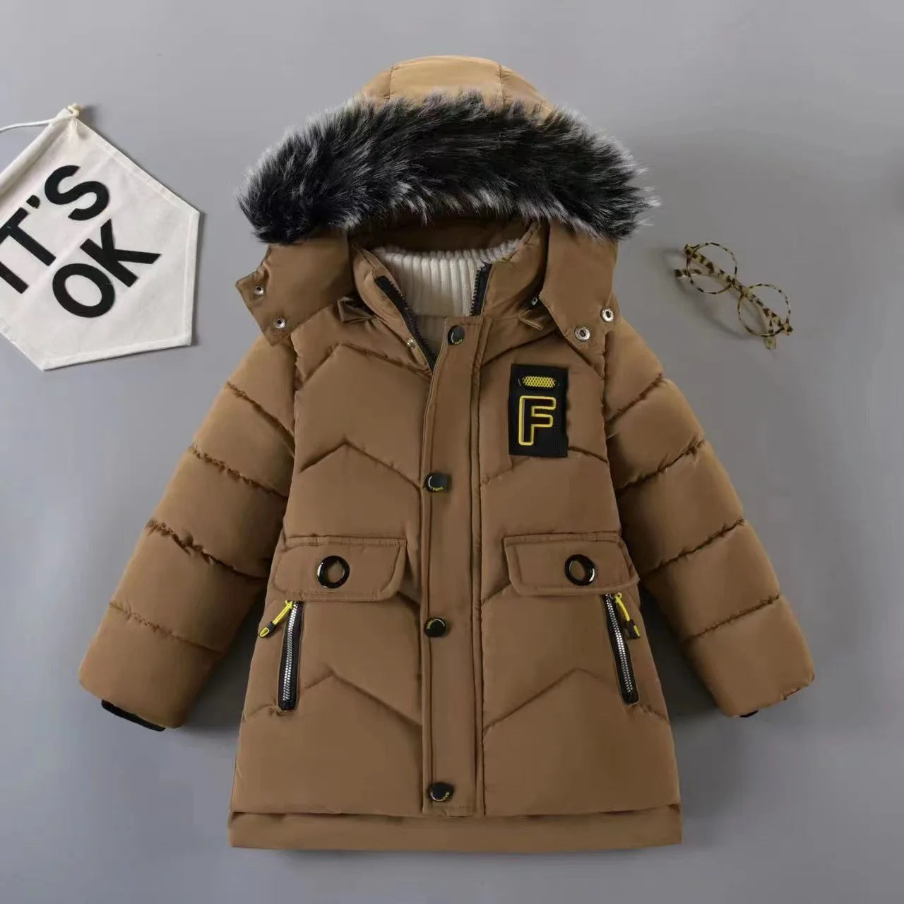 Winter New Boys Jacket Solid Color Letter Printing Thicken Keep Warm Hooded Coat For 3-10Y Kids Fashion Down Cotton Snowsuit