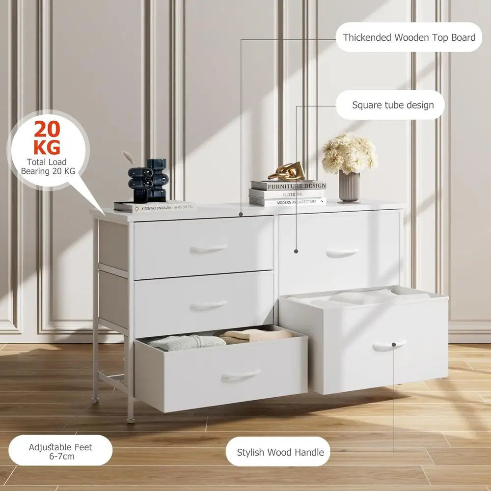 5 Drawer Bedroom Chest with Storage, Wooden Top, Steel Handles, White, 30 x 100 x 61