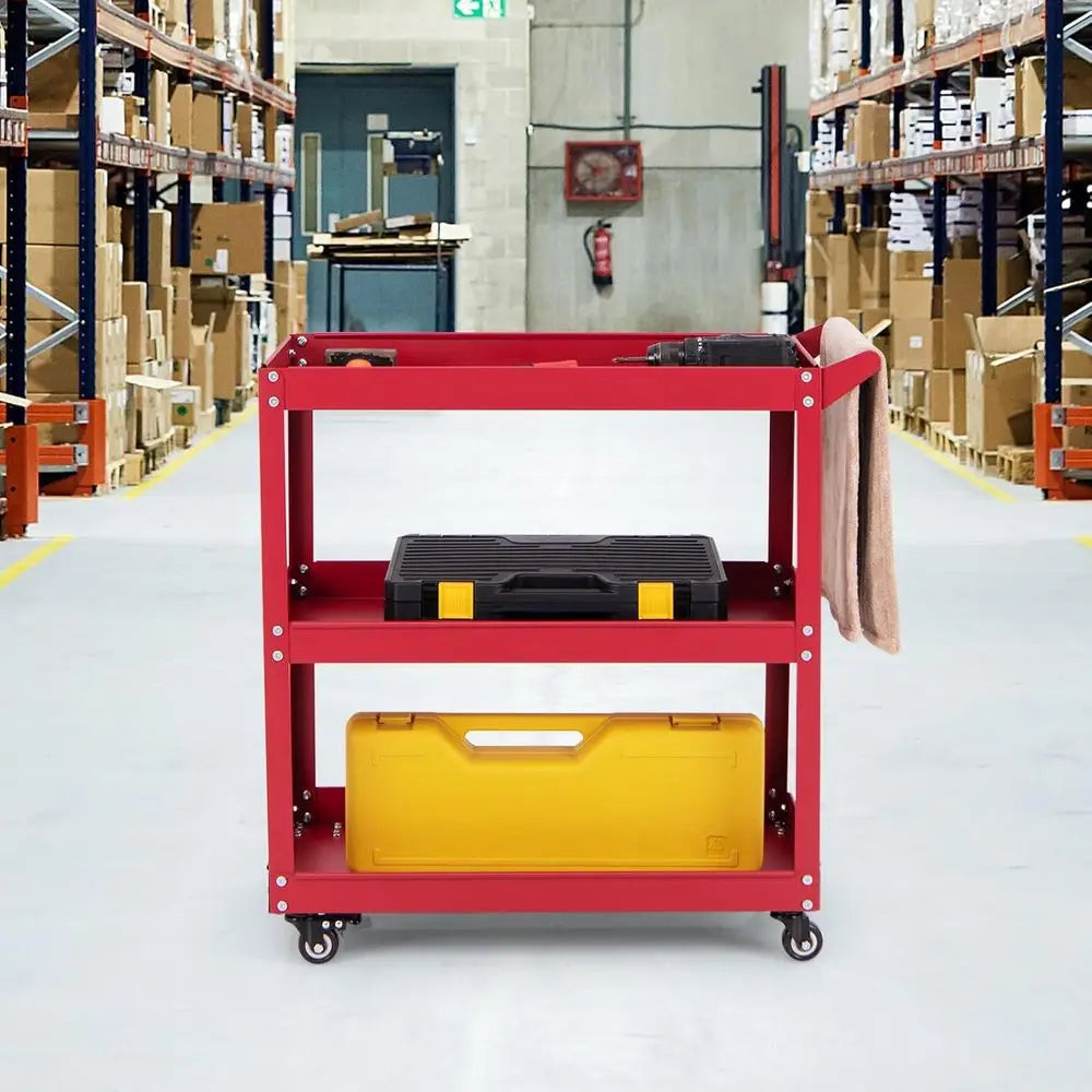 Sturdy 3-Tier Metal Tool Cart with Lockable Wheels, Red - Ideal for Workshop, Garage, Kitchen Storage