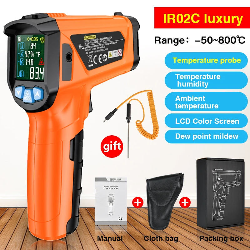 Digital Infrared Thermometer Non-contact Pyrometer Laser Temperature Meter Imager Hygrometer IR Termometro Color LCD Light Alarm