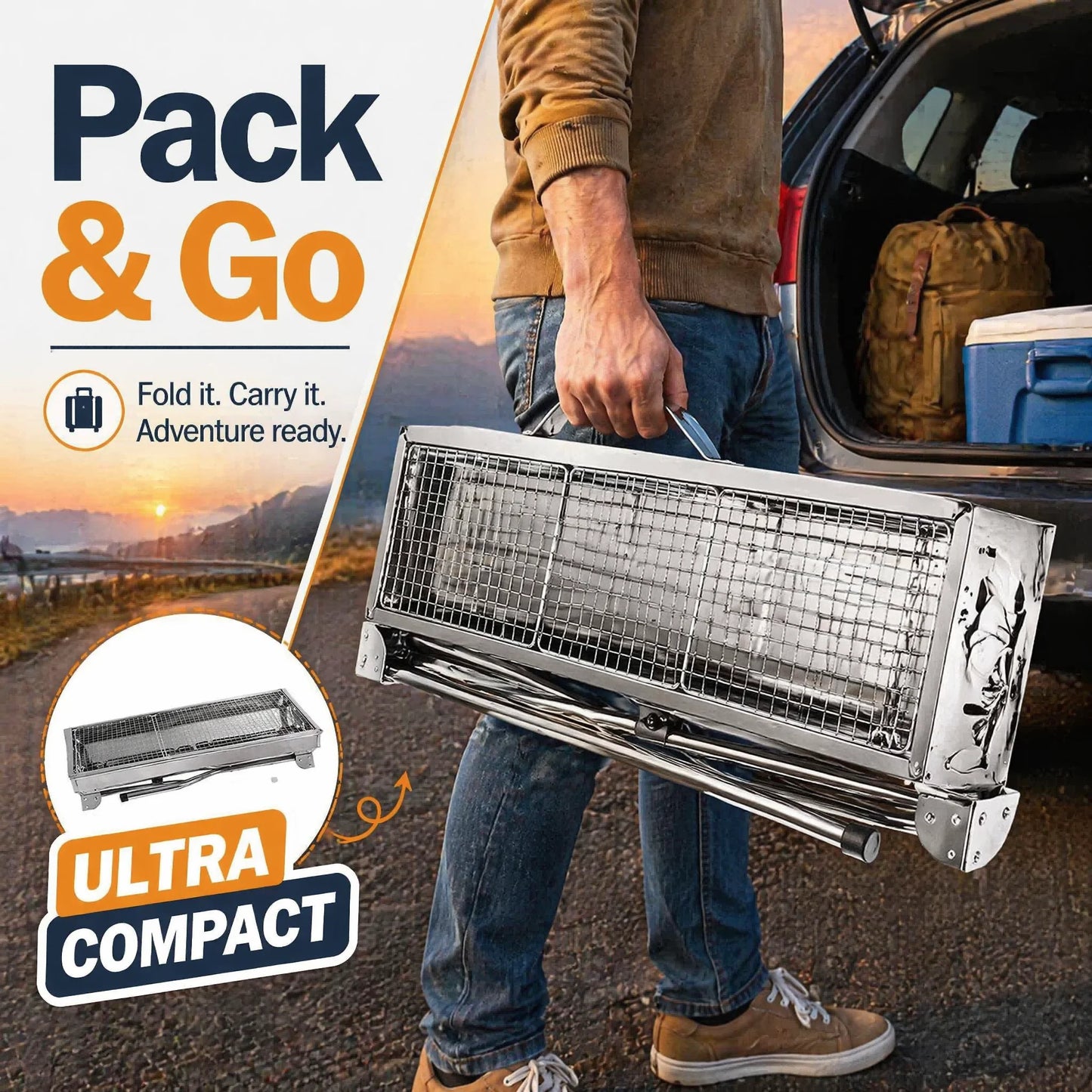 Portable Folding BBQ Grill, Instant Setup Charcoal Barbecue for Camping Festivals Beach, Lightweight Stainless Steel with Carry Bag, Foldable Legs Garden Picnic