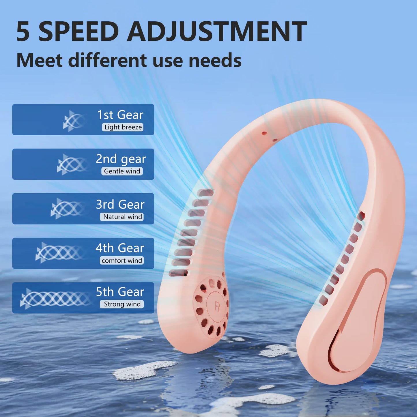 The New JKUOO Portable Bladeless Neck Fan, Fifth Generation LazyRechargeable Small Fan - Features Infinite Speed , 1200Mah Batte