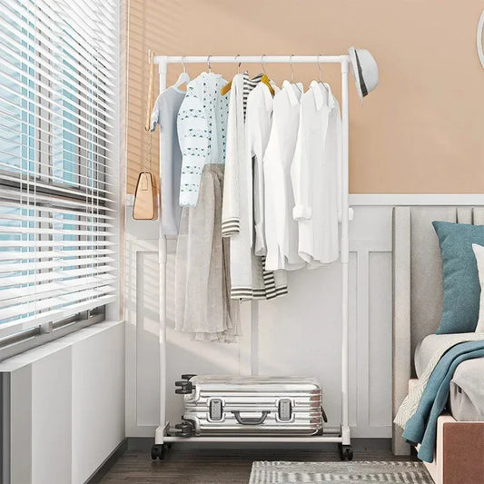 Standing Clothes Hanger Movable Simple Clothing Shelf Bedroom Storage Rack Assembled Closet Organizer Double Rod Coat Rack Floor