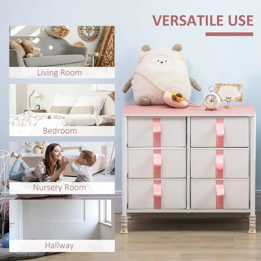 Chest of Drawers, Cloth Organizer Unit with 6 Fabric Drawers, Metal Frame and Wooden Top, Storage Cabinet for Kids Room, Living