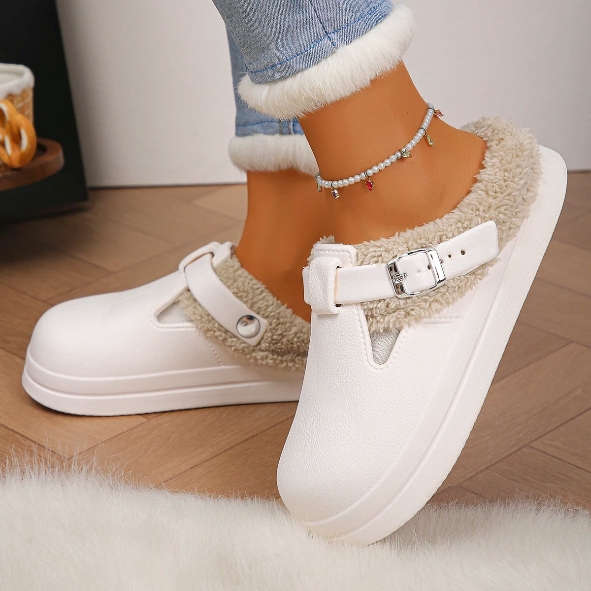 Waterproof Eva Furry Mules Slippers Women 2025 Winter Metal Buckle Warm Plush Slippers Soft Thick Bottom Non Slip Indoor Slides