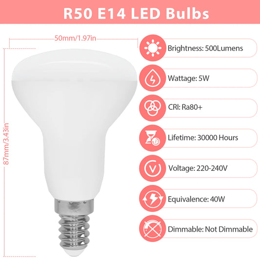 6PCS R50 E14 LED Light Bulb AC220V 5W 3000K Warm White 6500K Cool White 500lm 120° Beam Angle LED Spotlight Bulbs