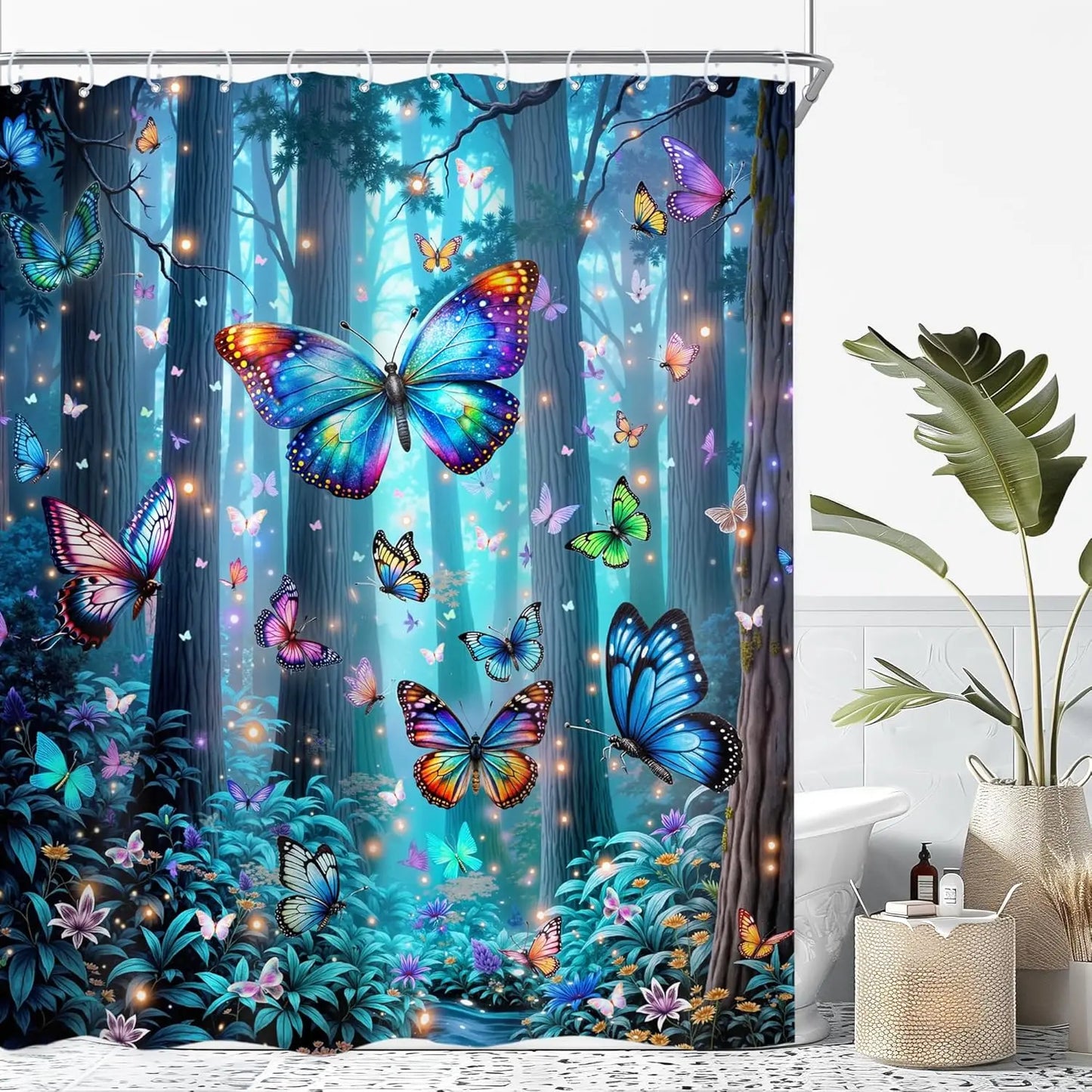 Fantasy Shower Curtain Fairy Beautiful Wonderland Woodland Tree Wildflower Floral Garden Butterfly Plant Tale Nature Bathroom