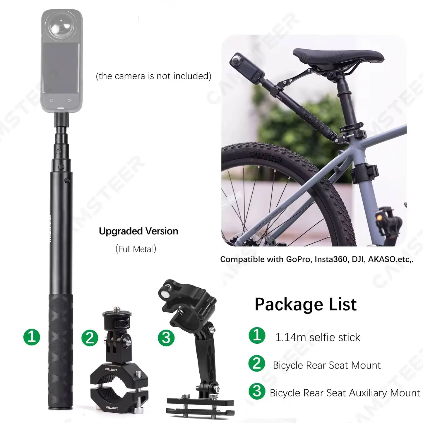 Camsteer Premium Bicycle Postseat 3rd Person View Mount for GoPro Max2 Hero 13 12 Insta360 X5 X4 X3 Ace Pro2 DJI Osmo360 Cameras