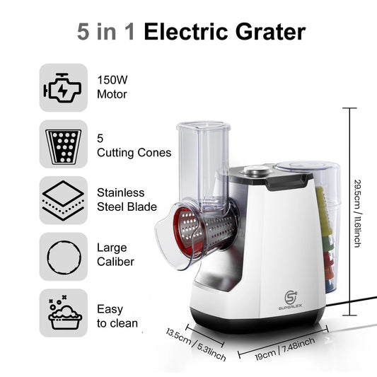 SUPERLEX 5 in 1 Electric Grater 150W Motor Easily Puts In Large Food For egetable Cutter & Slicer Kitchen Cheese Chopper Machine
