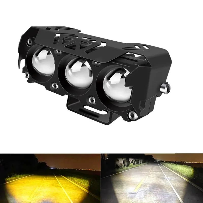 Motorcycle LED Spotlight Dual Color Hi/Low Beam Fog Lamps for Car Trucks SUV UTV 12V 24VMini Lens Headlight Driving Light