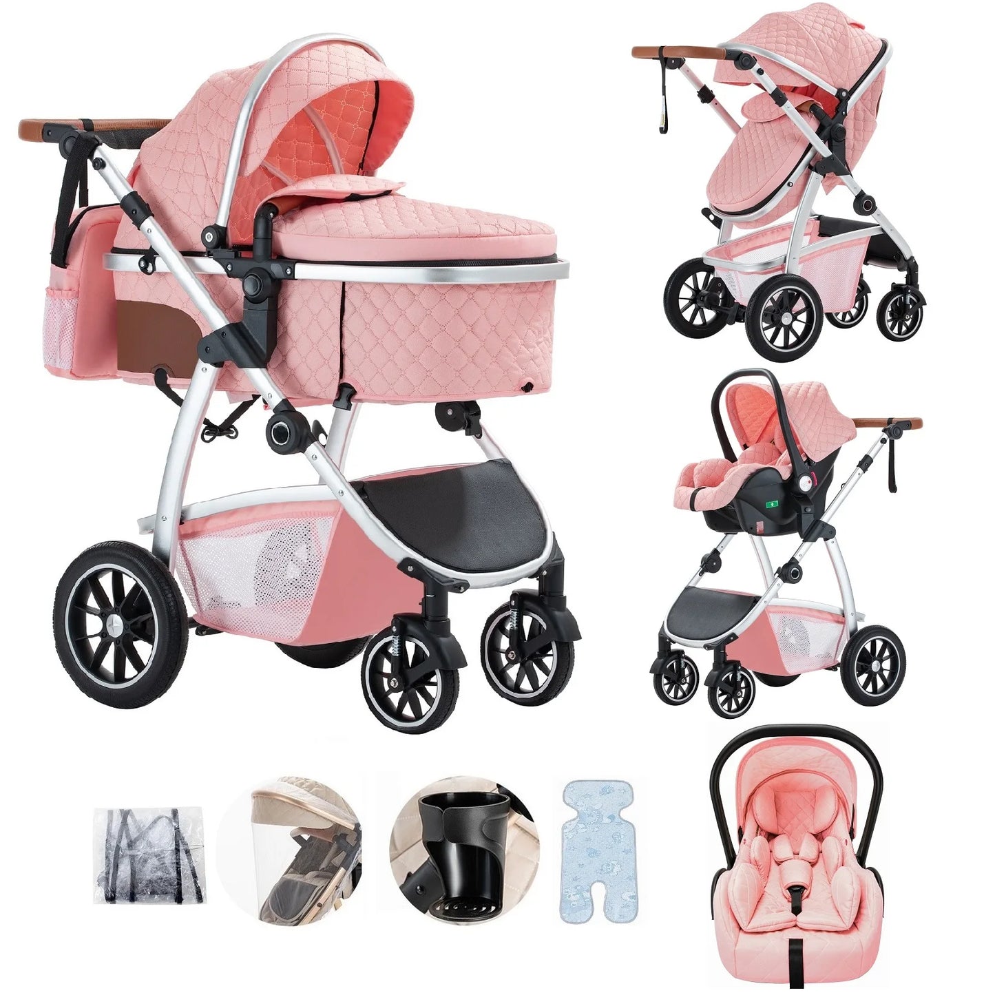 3 in 1 Prams Travel System, Pushchair with Height Adjustable Handle, Travel Pram with Mosquito Net, Baby Stroller with Aluminum