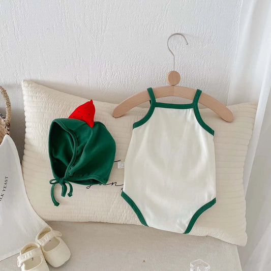 Summer baby cute watermelon style jumpsuit, male and female baby sling thin comfortable jumpsuit hat, suitable for going out