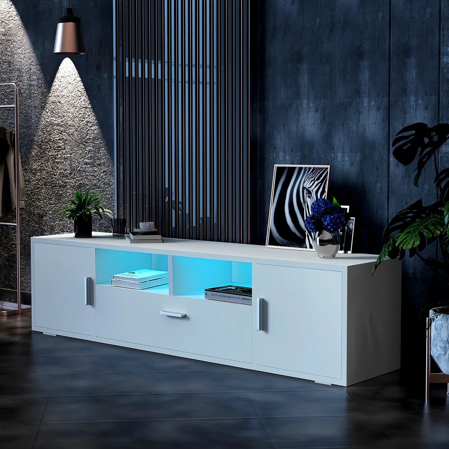 160cm Wide Modern White High-Gloss TV Stand Cabinet with RGB LED (16-Color RGB) & Shelves - Heavy-Duty TV Unit for 65-85