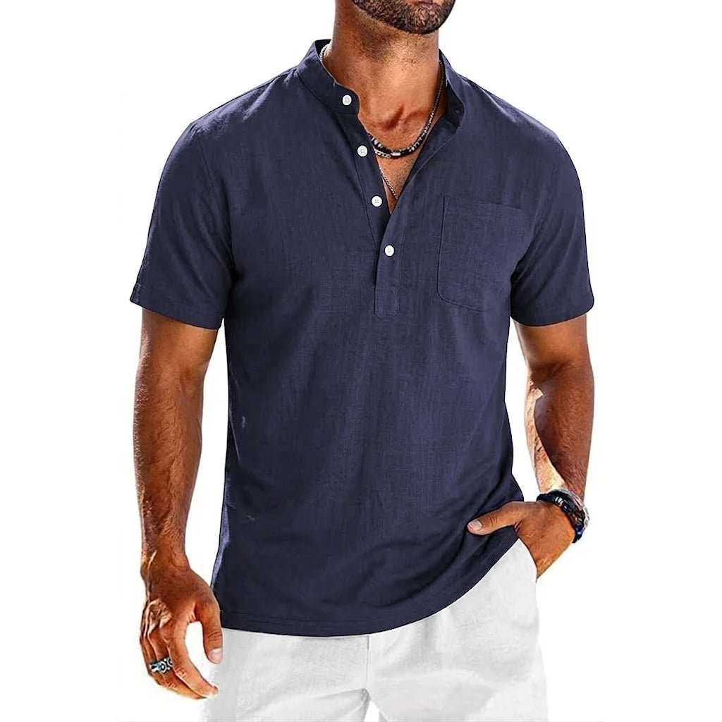 Summer Men's Short Sleeve Linen Shirts Lightweight T-shirts for Men Breathable Henley Shirt Casual Pocket Button Tee Beach Shirt