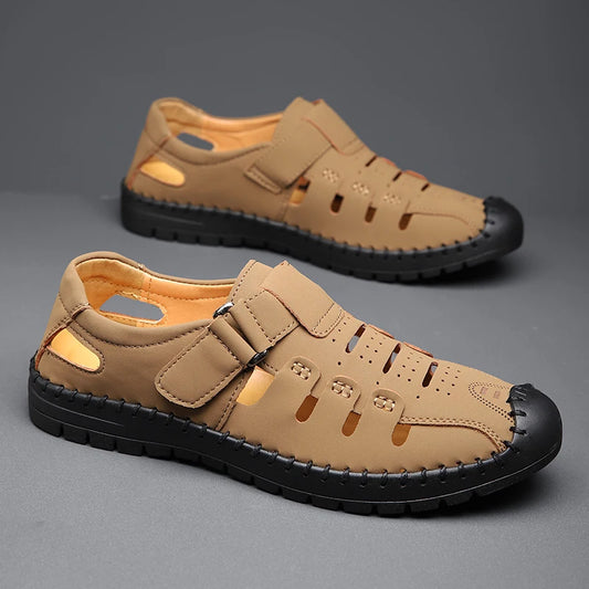 Men's Summer Hollow out Comfortable Breathable Slip-On Leather Shoes Anti-Slip Soft Bottom Outdoor Casual Loafers-1375