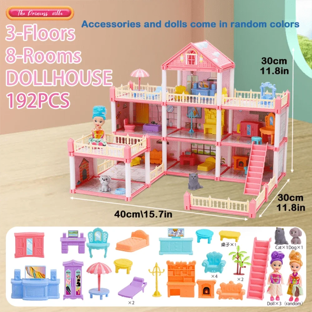 Girl Doll House Toy 3d Assembly Dollhouse Diy Mini Toy Accessories Villa Princess Pink Castle Children Pretend Birthday Gift