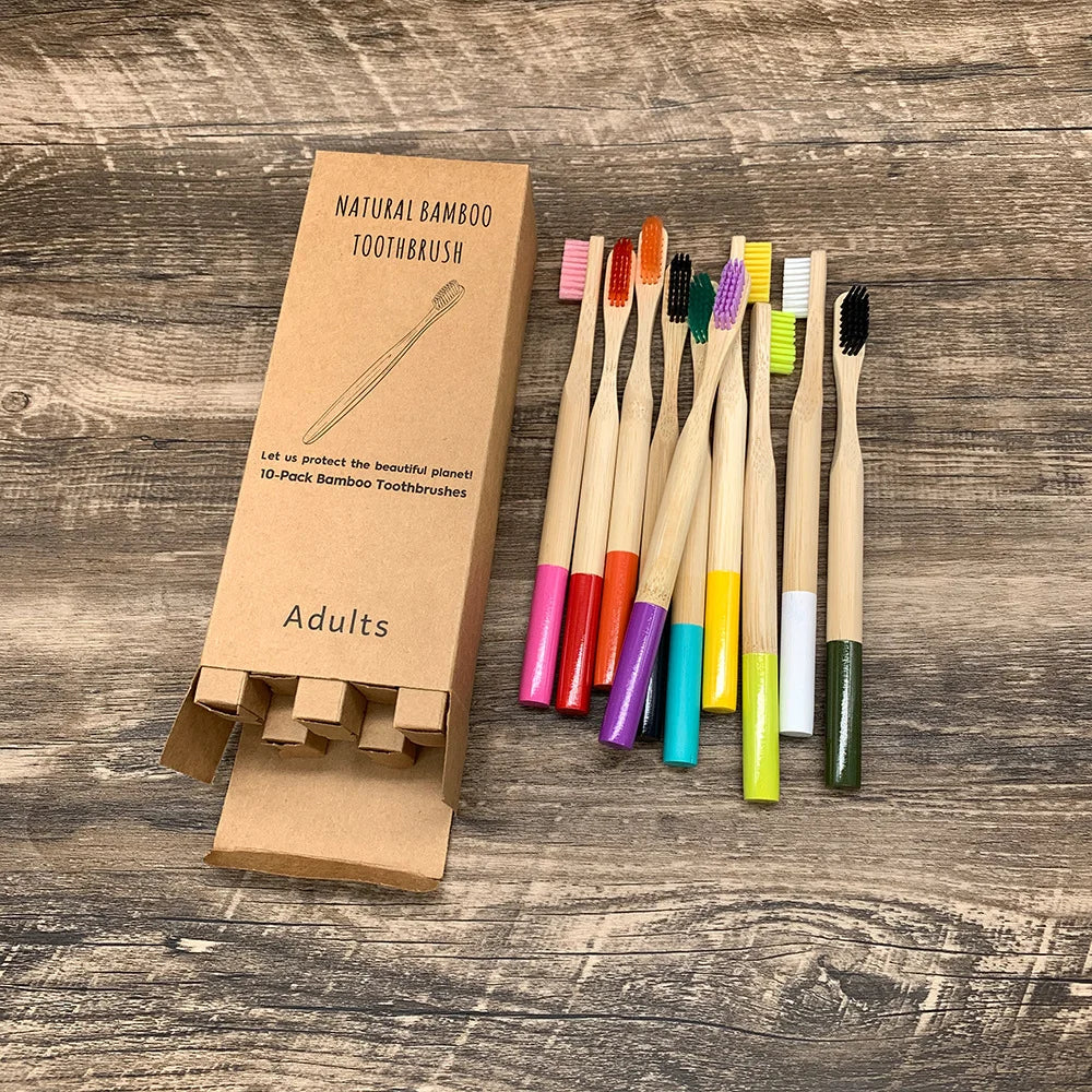 Bamboo Toothbrush,10Pcs Biodegradable Toothbrush with Medium Hard Bristles,Rounded and Comfortable Handle Toothbrush