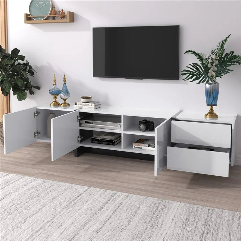 190x45x35cm High-Gloss White & Black TV Stand, Low Cabinet with Doors (Built-in Shelves) & Drawers, Contrast Black Legs Minimali