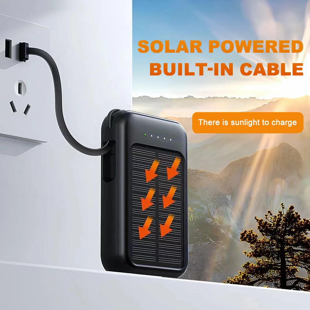 20000mAh Portable Solar Power Bank Built in 4 Cables External Battery Pack Mini Powerbank with LED Light for Cell Phones