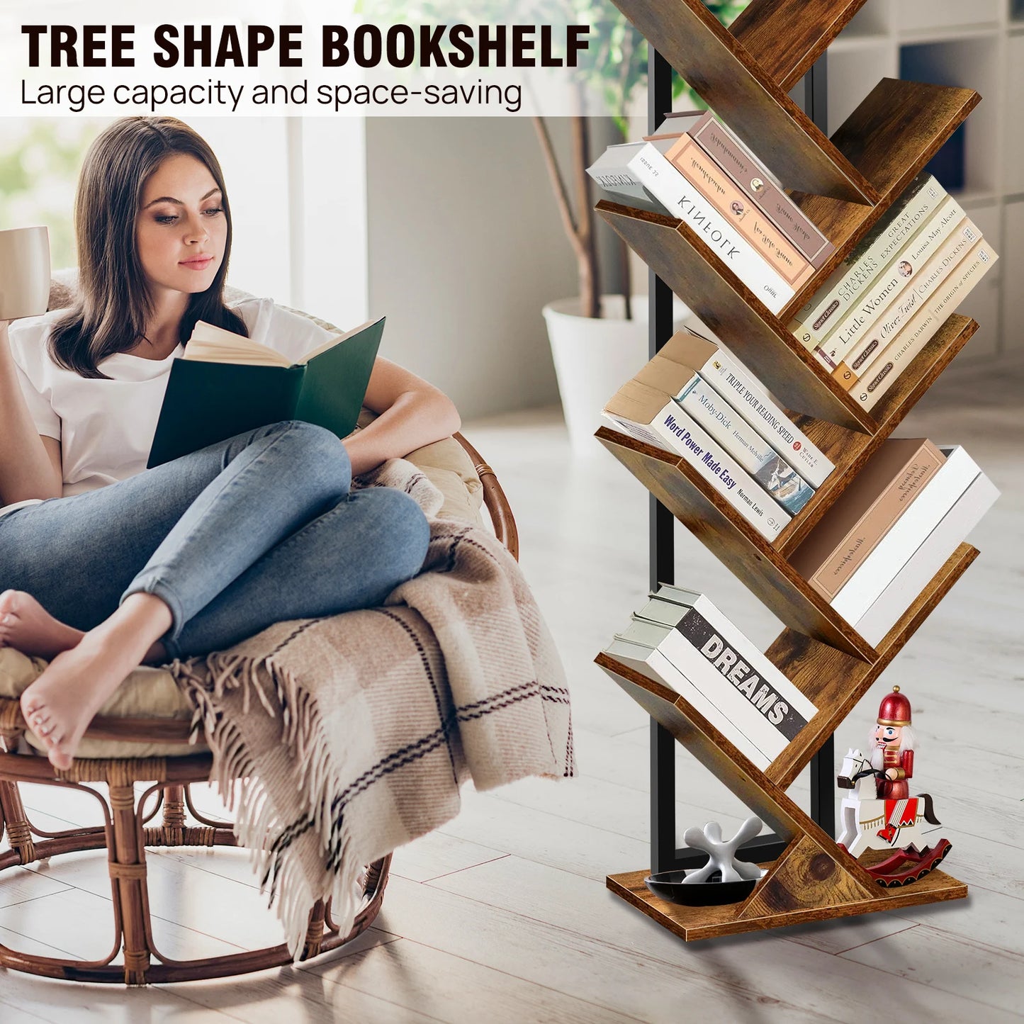 BRIEFNESS 9-Tier Tree Bookshelf,Floor Standing Bookcase,Tree Shaped Book Shelves,Display Storage Shelving Units Storage Rack