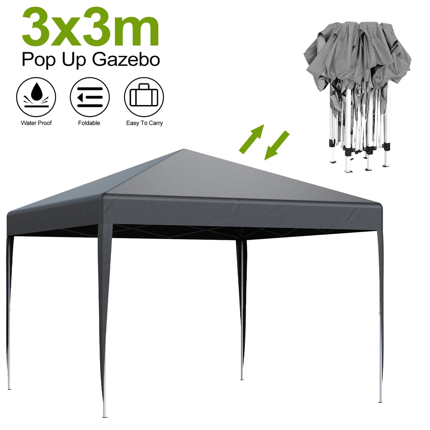 LOEFME 3x3M Pop Up Gazebo Waterproof Windproof Portable Outdoor Canopy Sun Shelter Removable 4 Sides Cloths Garden Camping Tent