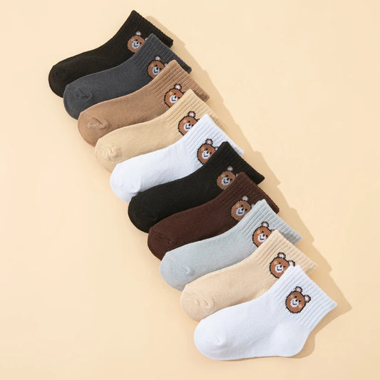 10 pairs cute little bear casual short elastic mid-calf socks, baby socks, boys' socks, girls' socks, children's socks