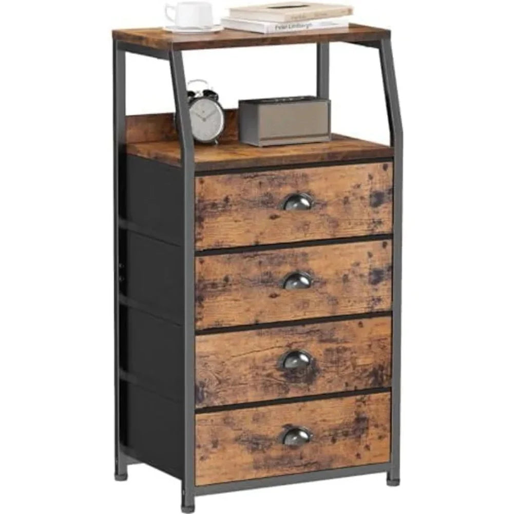 Bedside Table Side End Table with 4 Drawers & Open Shelf Nightstand Chest of Drawers Storage Unit for Living Room, Bedroom