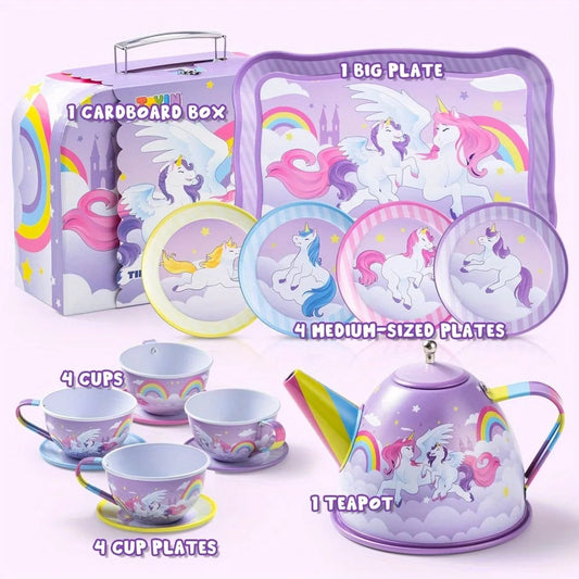 JOYFY Unicorn Tea Party Set Pretend Purple Tin Teapot Set Princess Tea Time Play Kitchen Toy for Girls Birthday Chirstmas Gift