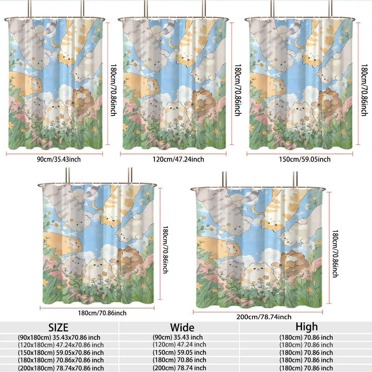 1pc Cute Cartoon Cat Printed Waterproof Shower Curtain Partition Privacy Hanging Curtain with 12 Hooks Multiple Sizes