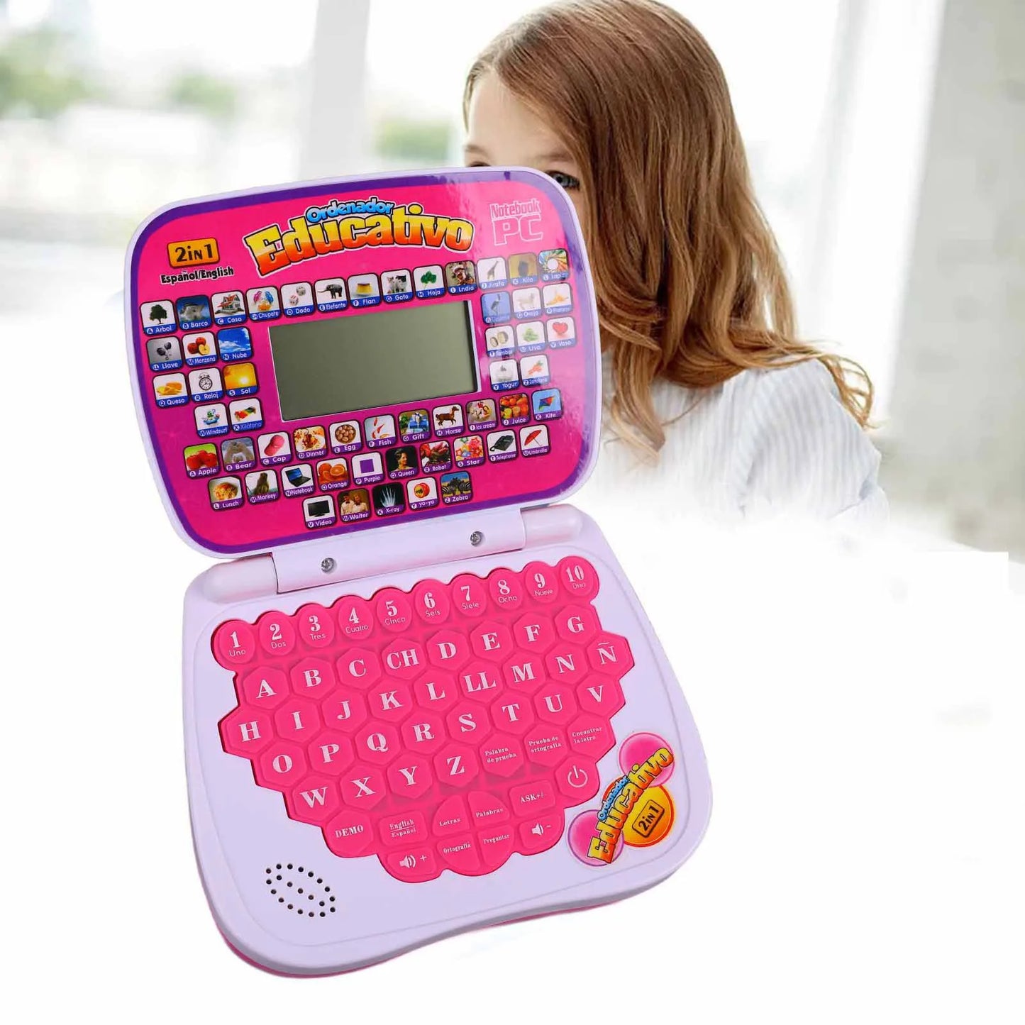 ZK30 Kids Learning Machine English Spanish Music Function Interactive Educational Laptop for Children Pink