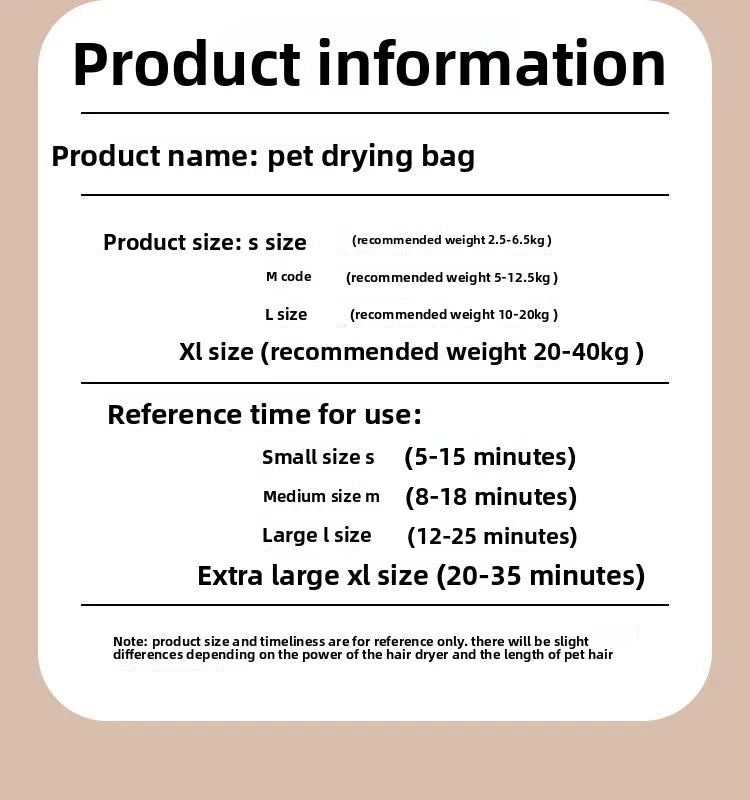 1Pcs S/M/L/XL (4 Sizes) Quick-Dry Pet Hair Dryer for Cats & Large Dogs - No Shedding Fast Drying After Bath, Ideal for Home Use