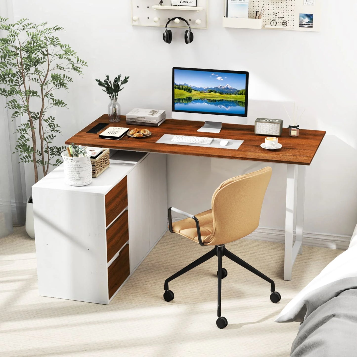 GOFLAME L-Shaped Desk 138 cm Reversible Corner Computer Desk-Brown