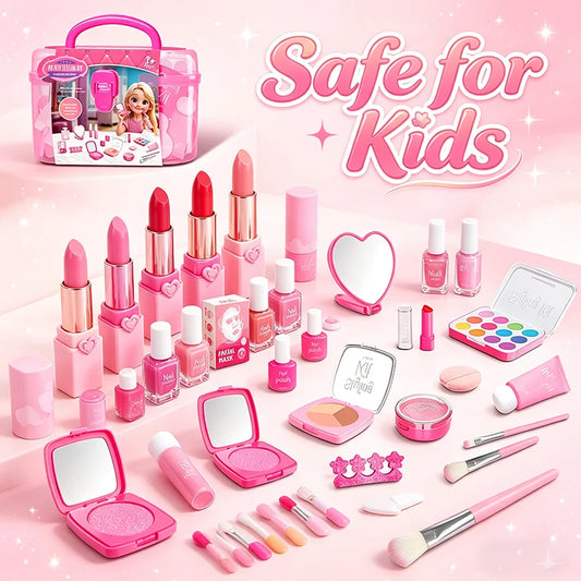 Girl’s pretend home make-up set: faux manicure, lip color, eye shadow, non-washable princess-themed cosmetics and toys.