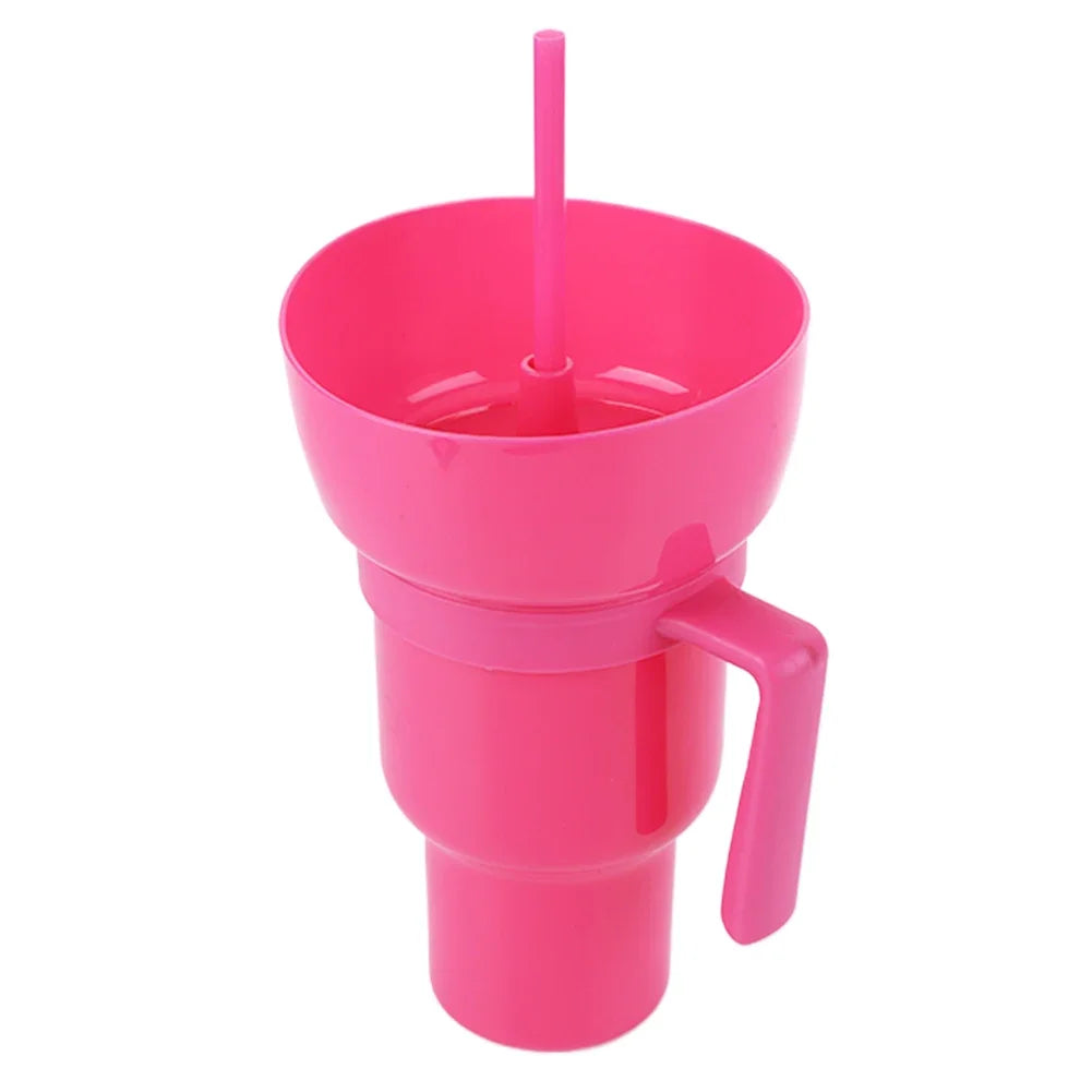 1000ml Portable Snack Container Multifunction Stadium Tumbler Popcorn Beverage Cup with Straw & Handle for Cinema Home Travel