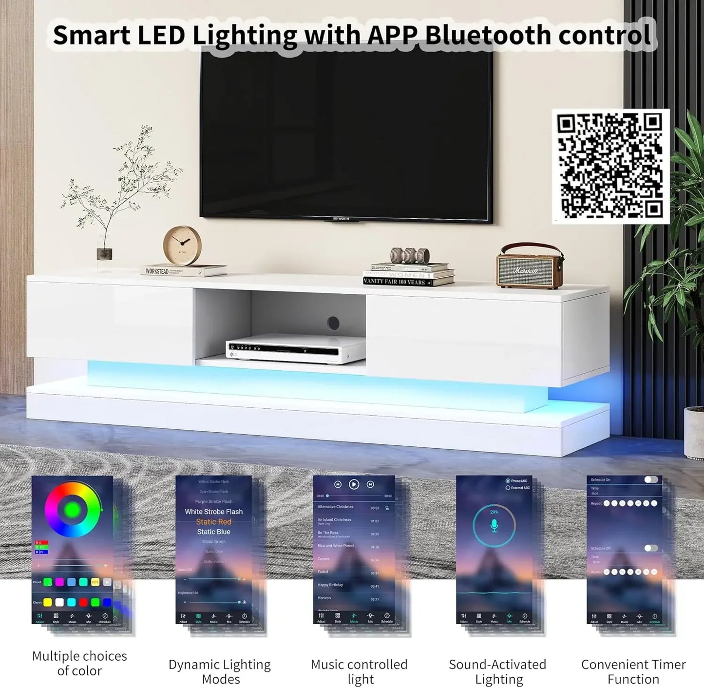 Frontal high-gloss TV stand with 16 RGB LEDs, 2 drawers, and 1 open storage space for 70-79-inch TV stand in living room