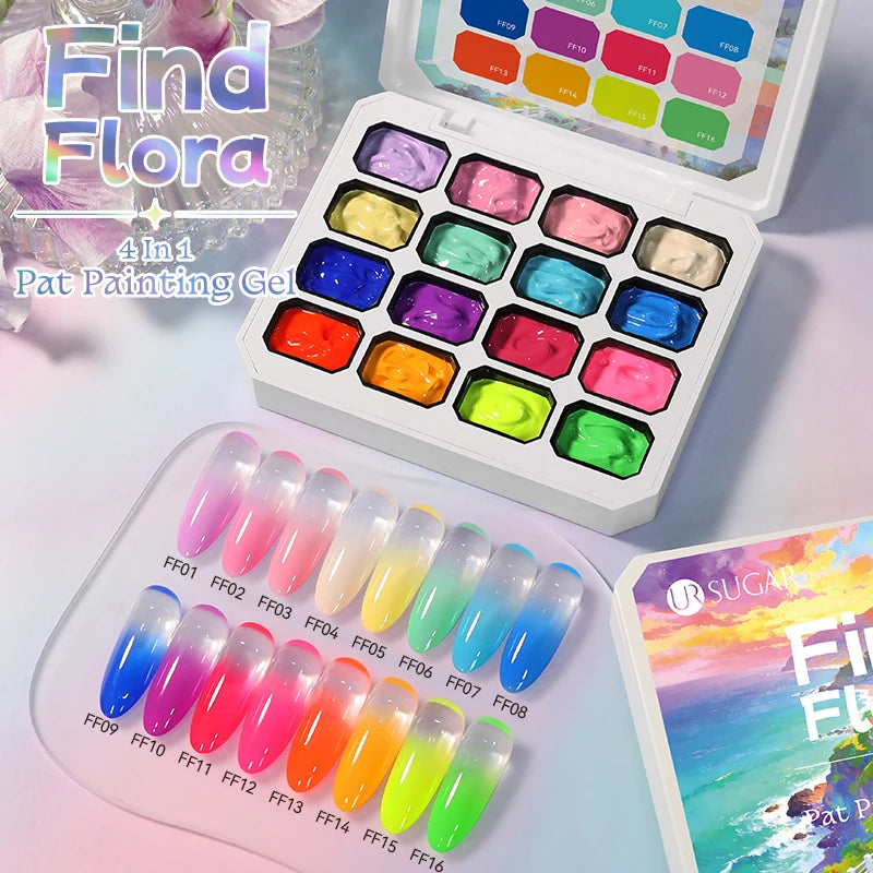 UR SUGAR 4 in 1 16 Colors Pat Painting Gel For Gradient Stamping Drawing Pattern UV/LED Gradient Patting Gel Palette