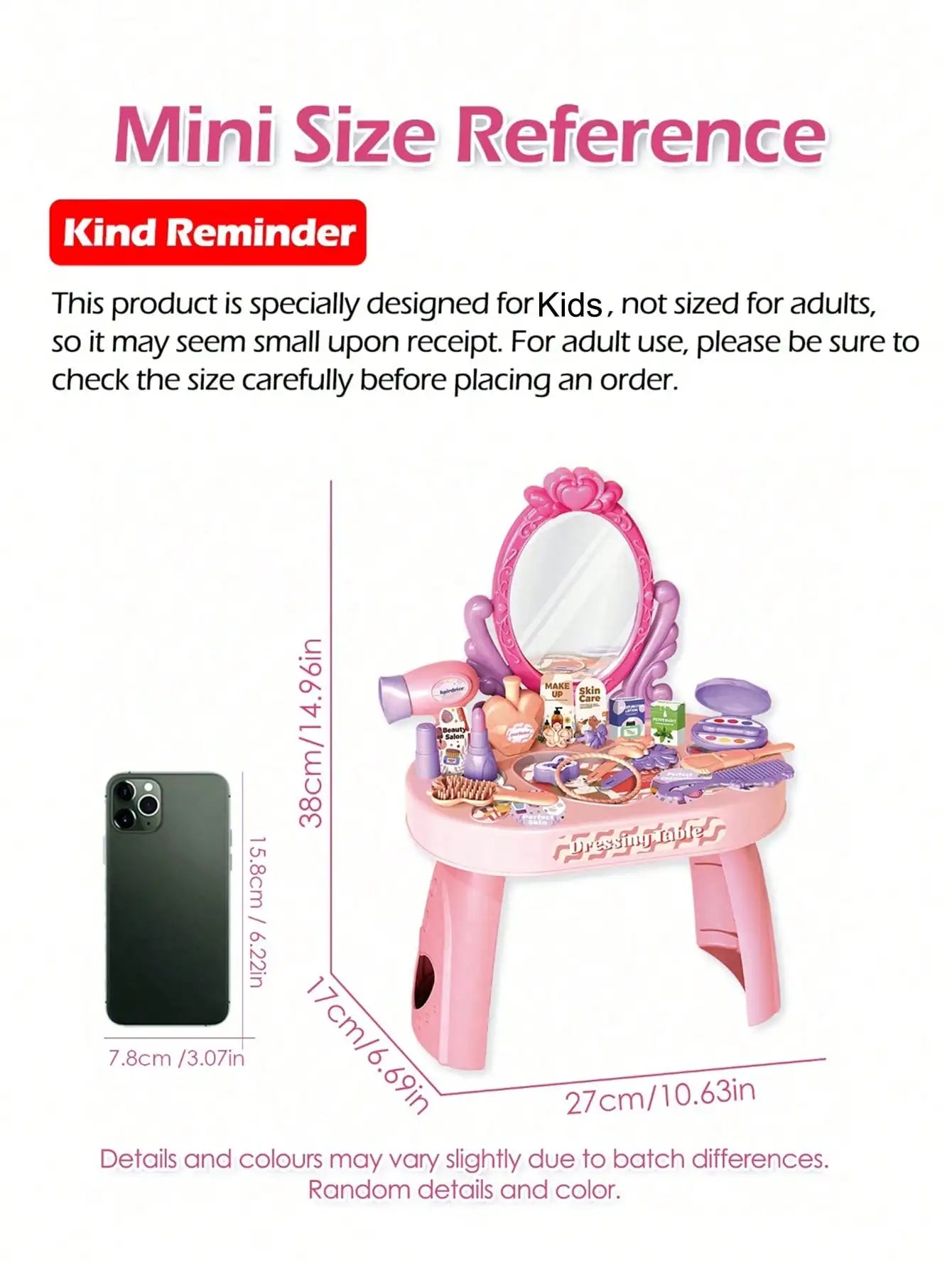 Kids Princess Vanity Dressing Table Toy Set with Mirror&30Pcs Makeup Accessories, Pretend Hair Dryer Cosmetic Kit,Gift for Girls