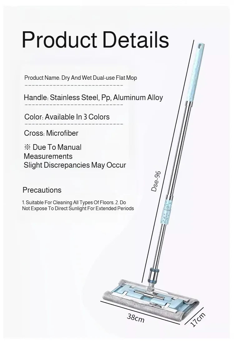 Lazymen Steel Clamp Flat Mop No Hand Wash Needed Floor Cleaning Tool Home Use Stainless Steel Pole Fine Fiber Cloth Dust Pusher