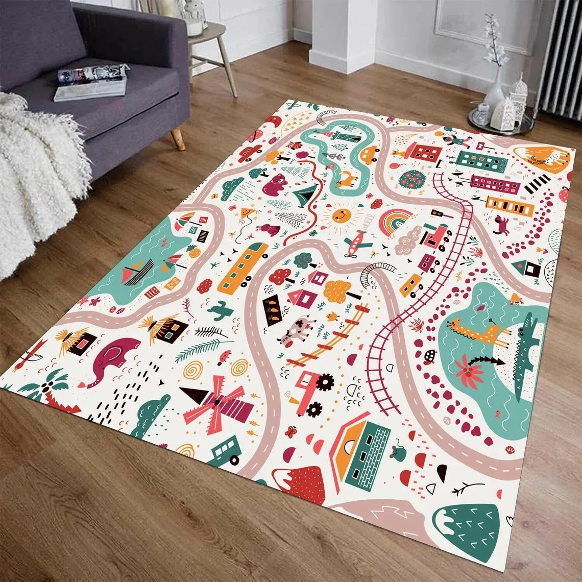 VIKAMA Cartoon City Transport Living Room Rug Children's Bedroom Playroom Mat Non-Slip Play Mat Crawling Mat Home Decor